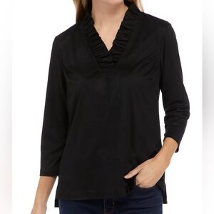 Crown & Ivy 3/4 Sleeve Ruffle Neck Top -Black NWT Size S